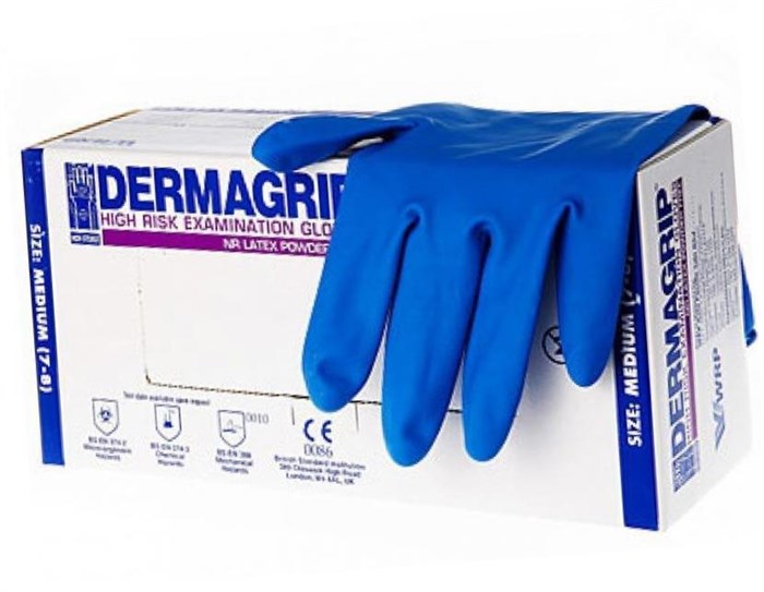 Перчатки резиновые синие DERMAGRIP размер S  (минимальная партия 25 пар ) - фото 553857